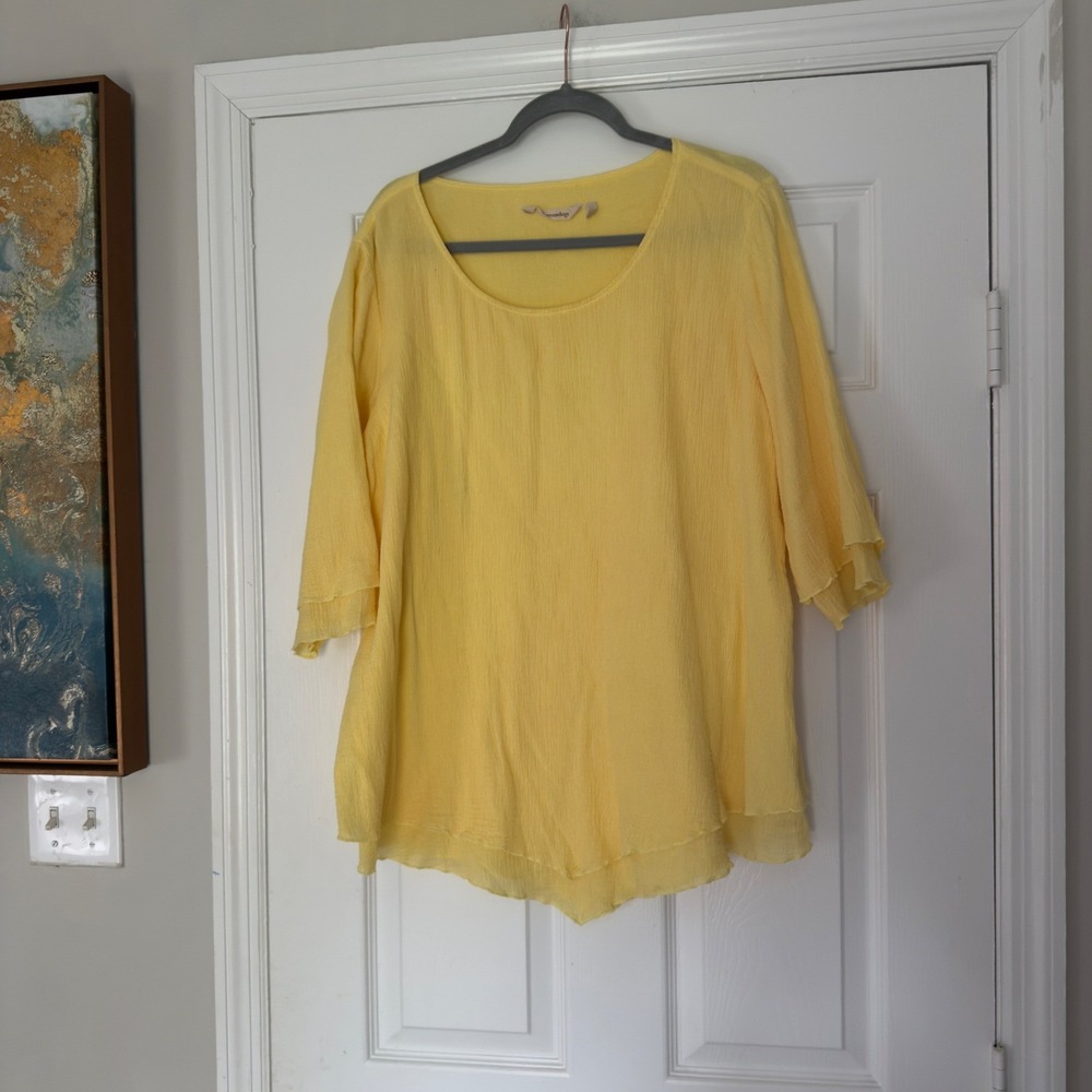 Soft Surroundings Yellow Gauze Tunic Top XL 3/4 Sleeve Cotton Lightweight